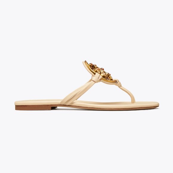 Tory Burch NIB Miller Jeweled Leather Thong Sandals Brie Cream Beige - Picture 15 of 15